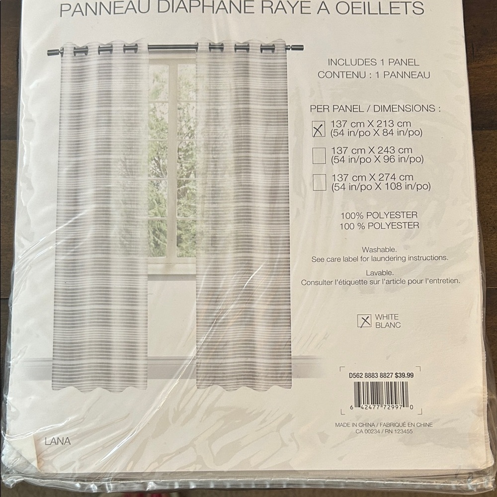 Distinctly Home Lana White Striped Sheer Grey Grommet Panel Curtain 54Wx84L